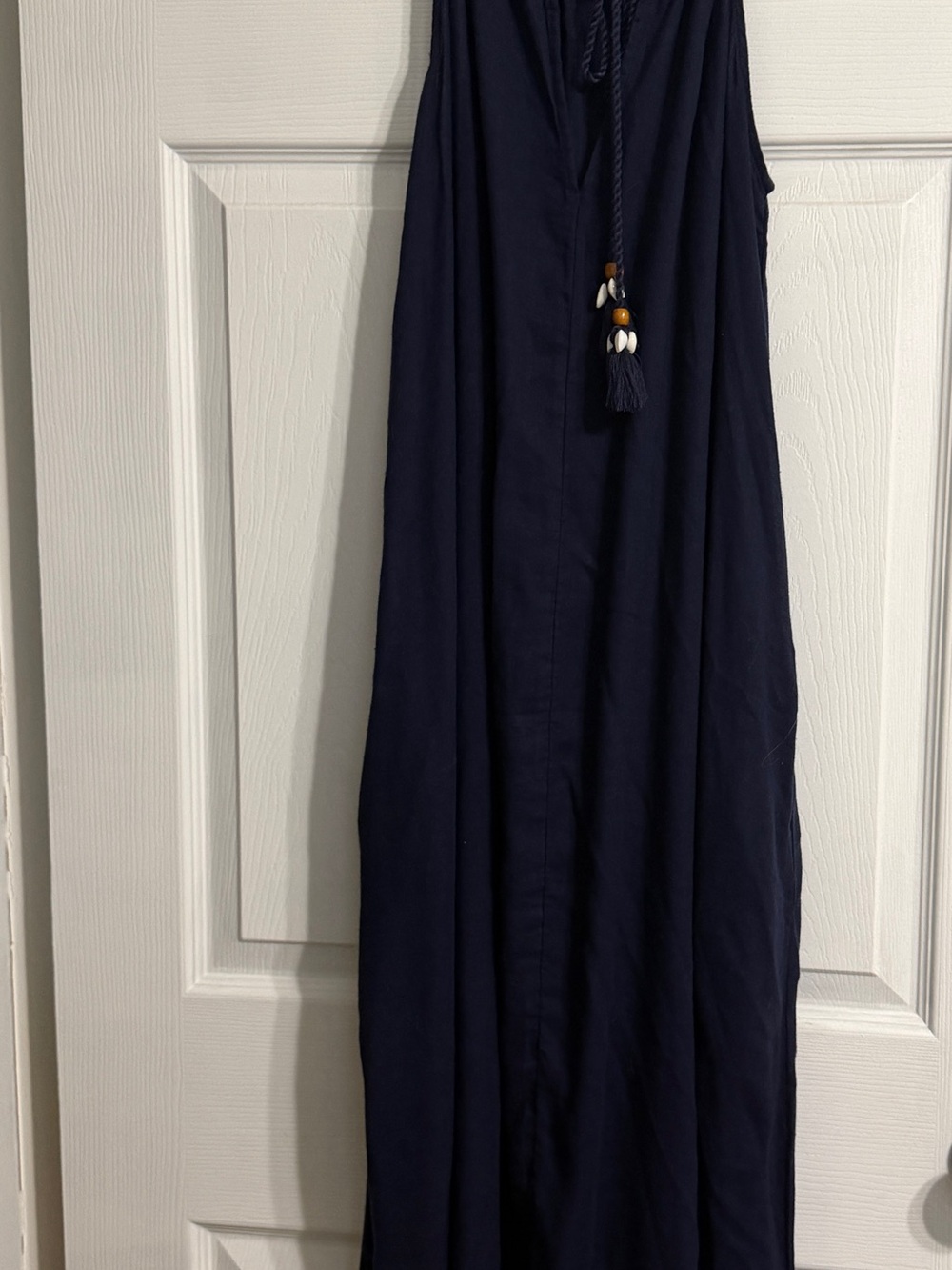 Navy Maxi Dress with shell/bead Tassel Tie..also has pockets!